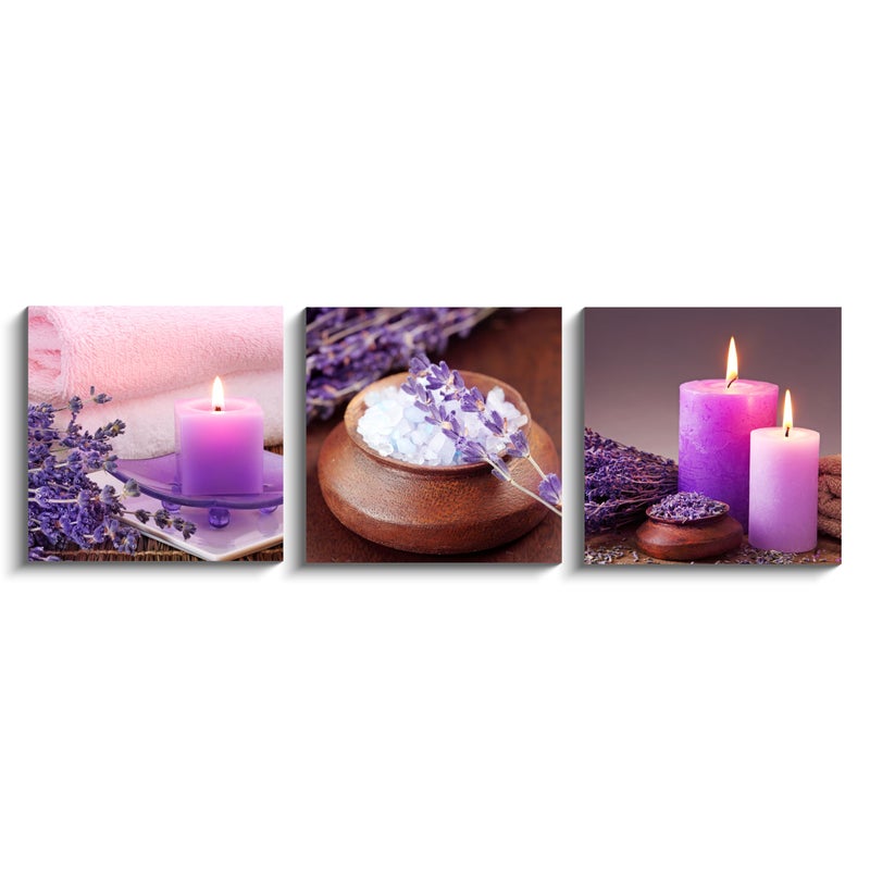 NAN Wind Zen Canvas Wall Art Spa Still Life With Purple Aromatherapy Candles And Zen Stone Aroma Lavender Flower Painting Pictures Print on Canvas Ready to Hang for Bathroom Decoration - Image 2